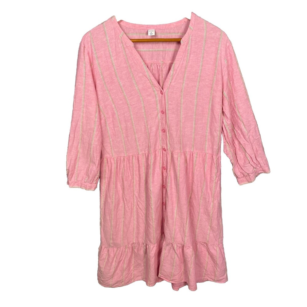 Old Navy Linen Blend Dress Cottagecore Prairie Boho Button Up Pink Striped XL